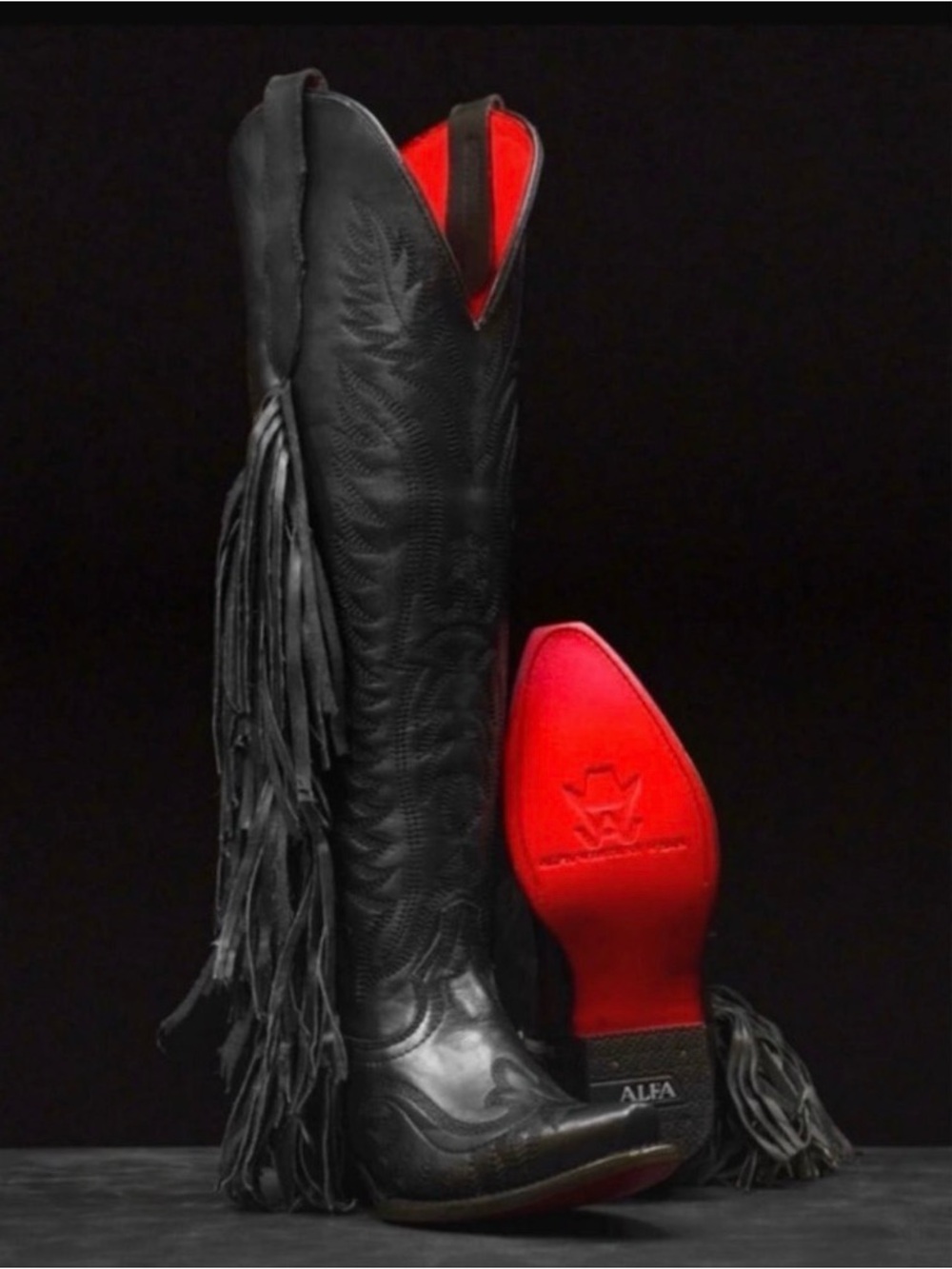 Alfa Western Wear black leather cowboy boots with fringe and red sole Size 7